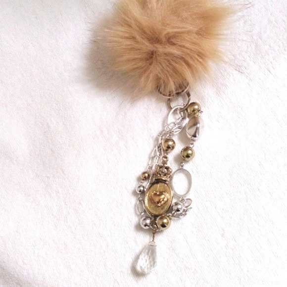 Antique Crystal Fancy Keychain Purse Charm Pom & Chains Mirror Dangle Boho Glam - Picture 4 of 7